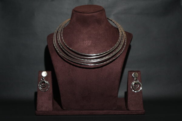 Silver Polished Brass Hasli Necklace with Brass Silver Earrings