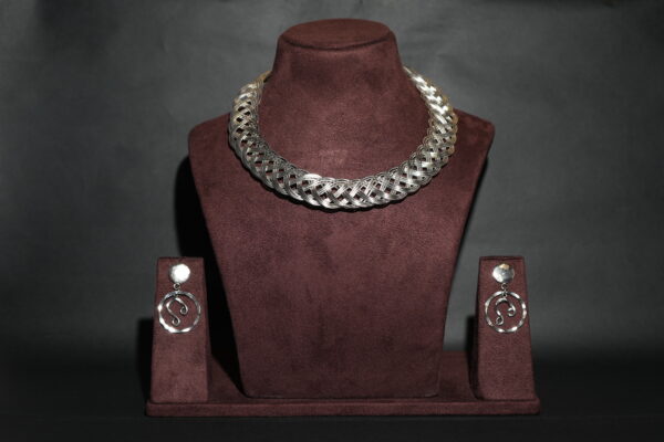 Brass Silver-Plated Criss-Cross Hasli Necklace with Earrings