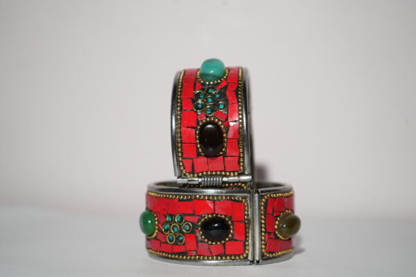 Red Tibetan Kadda with Multi-Coloured Onyx Stones