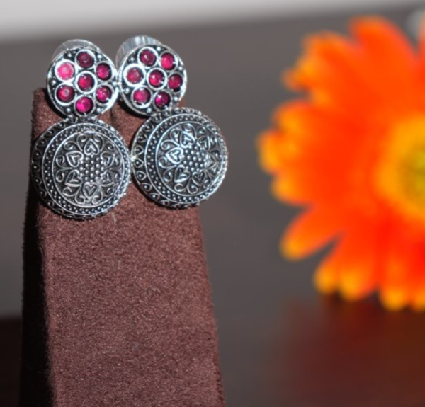 German Silver Toned Flower Earrings with Red Stone