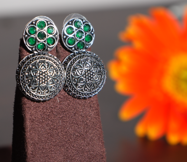 German Silver Toned Flower Earrings with Green Stone