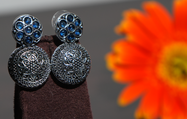 German Silver Toned Flower Earrings with Blue Stone