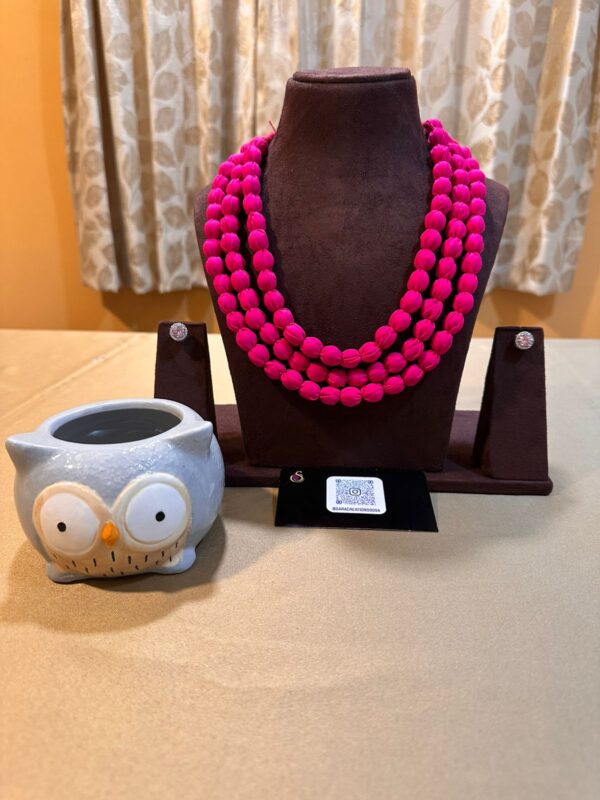 Magenta Pink Multi Layered Pink Fabric Necklace with AD stone Earrings