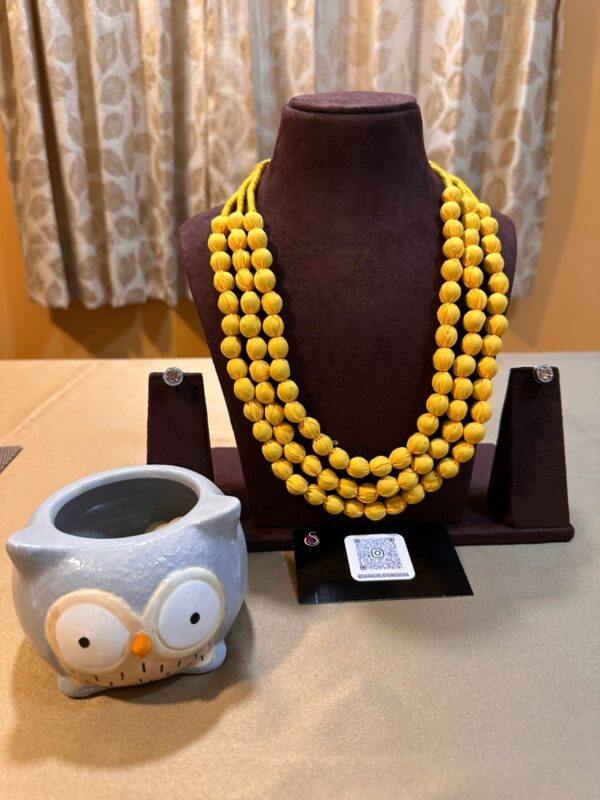 Yellow Multi Layered Yellow Fabric Necklace with AD stone Earrings