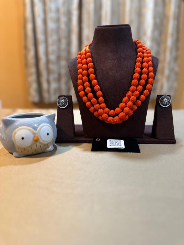 Orange Fabric Multi Layered Necklace with Oxidized Floral Earrings